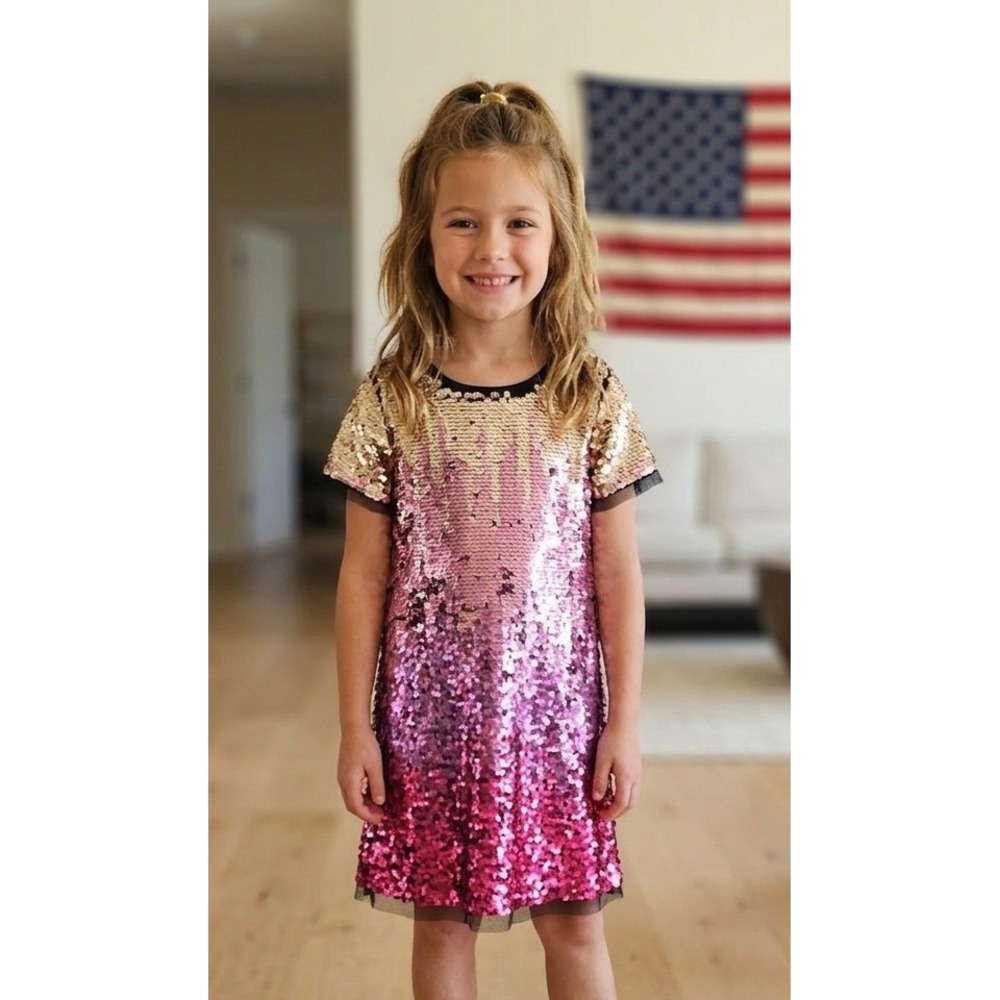 Primark PREMIUM Pink Ombre Sequin Dress Girls Gold Fuchsia Party Shift Dress 6Y